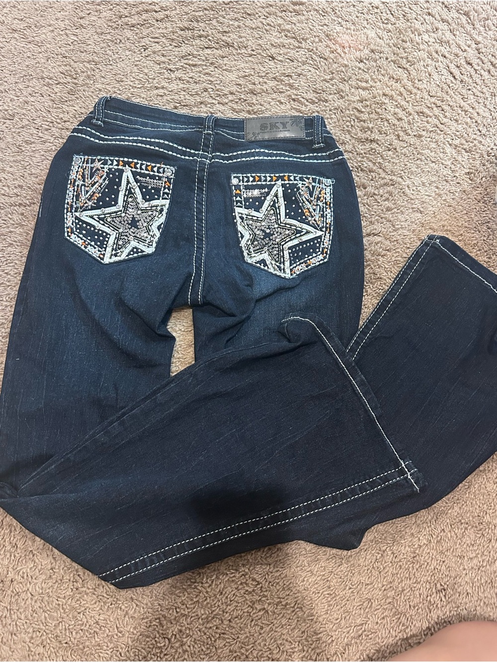 Y2K Sky Dark Blue Bootcut Jeans with Embroidered Star Pockets